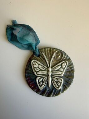 Raku Medallions Butterfly Medallion with Teal Ribbon
